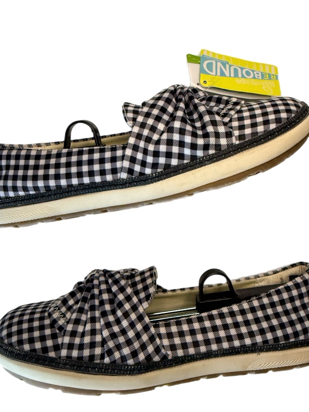 BareTraps Rebound Black & White Ginghamโ Bow Slip-On Flats Size 10w, NWT